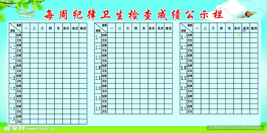 学校纪律卫生成绩公示栏