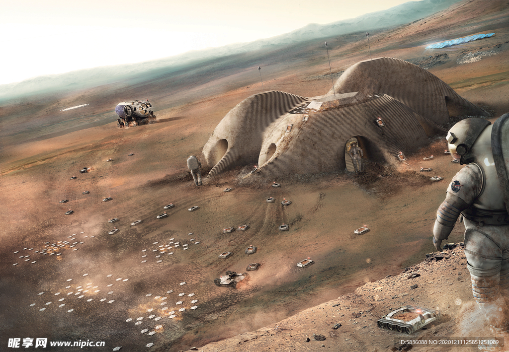 未来火星基地构想图3D彩绘效果