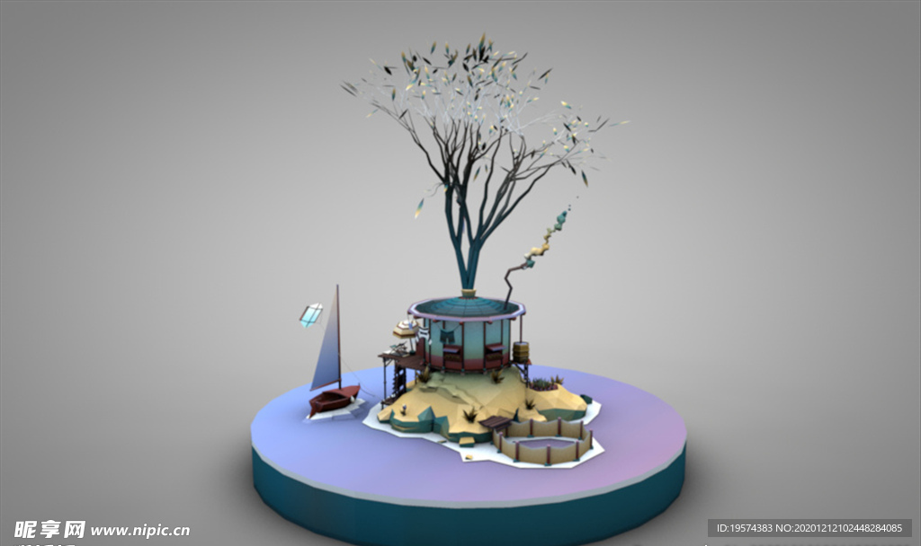 C4D 模型亭台楼阁树与小舟