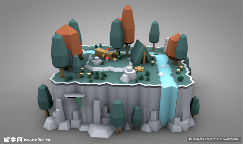 C4D 模型瀑布峡谷