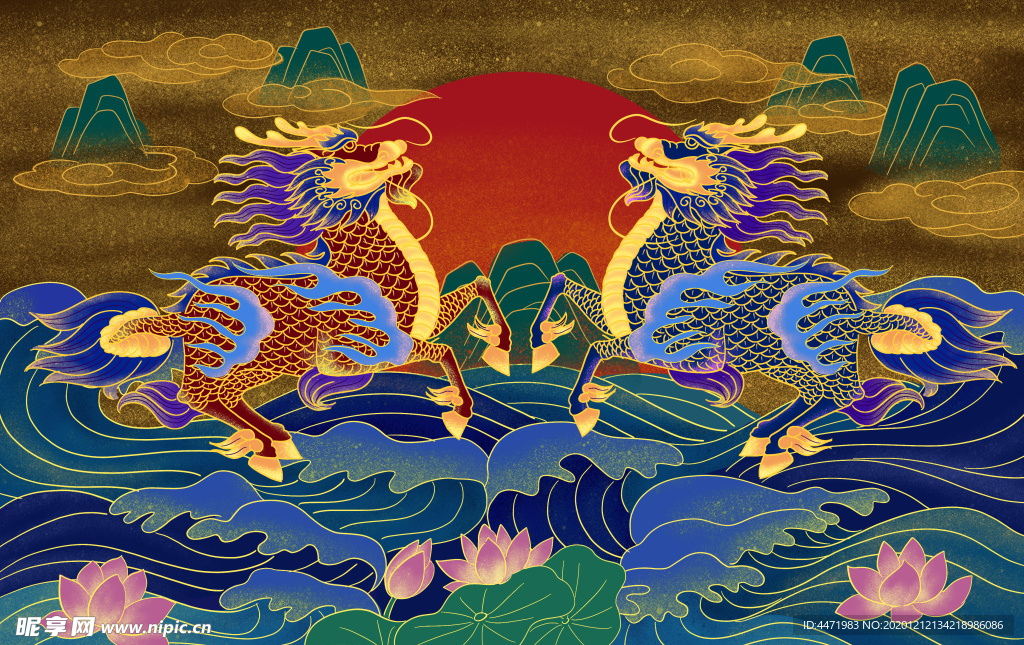 中国风富贵麒麟背景墙