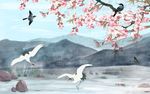 桃花仙鹤新中式背景墙