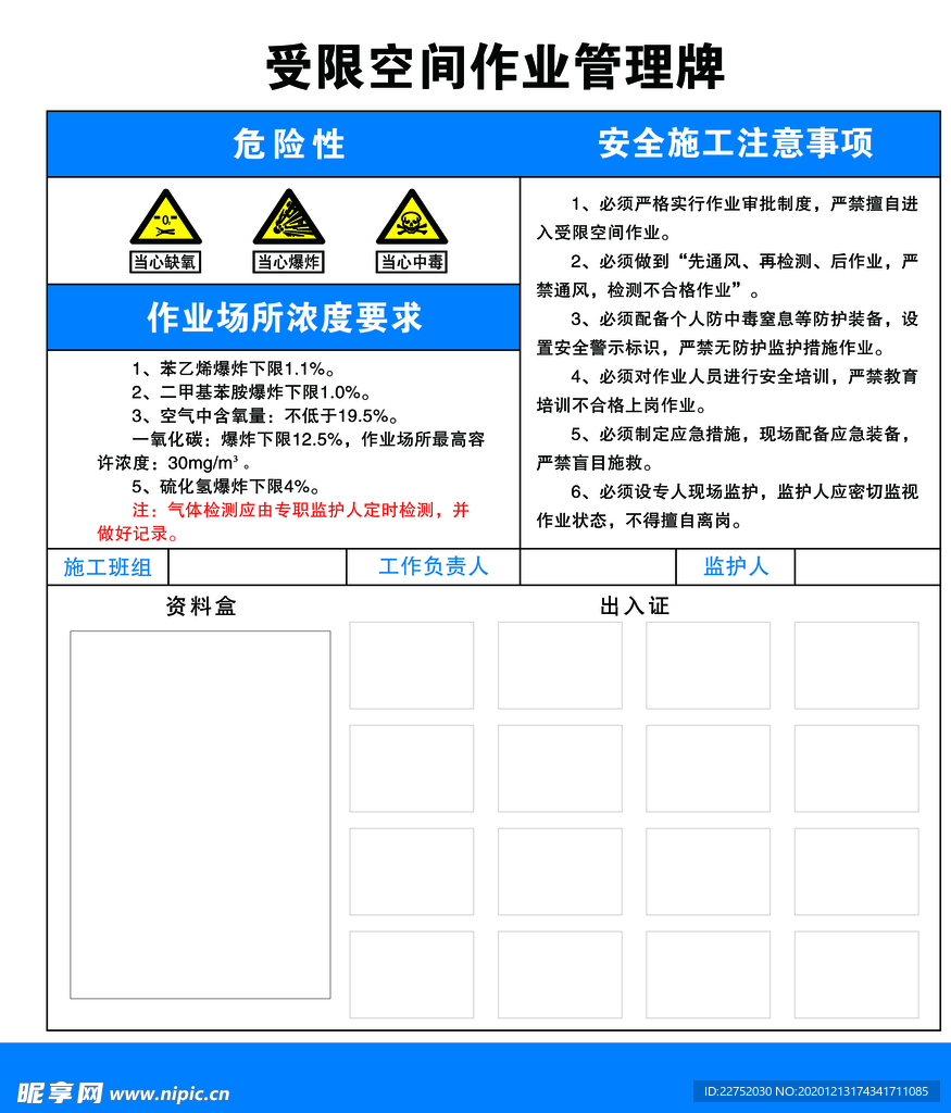 受限空间作业管理牌