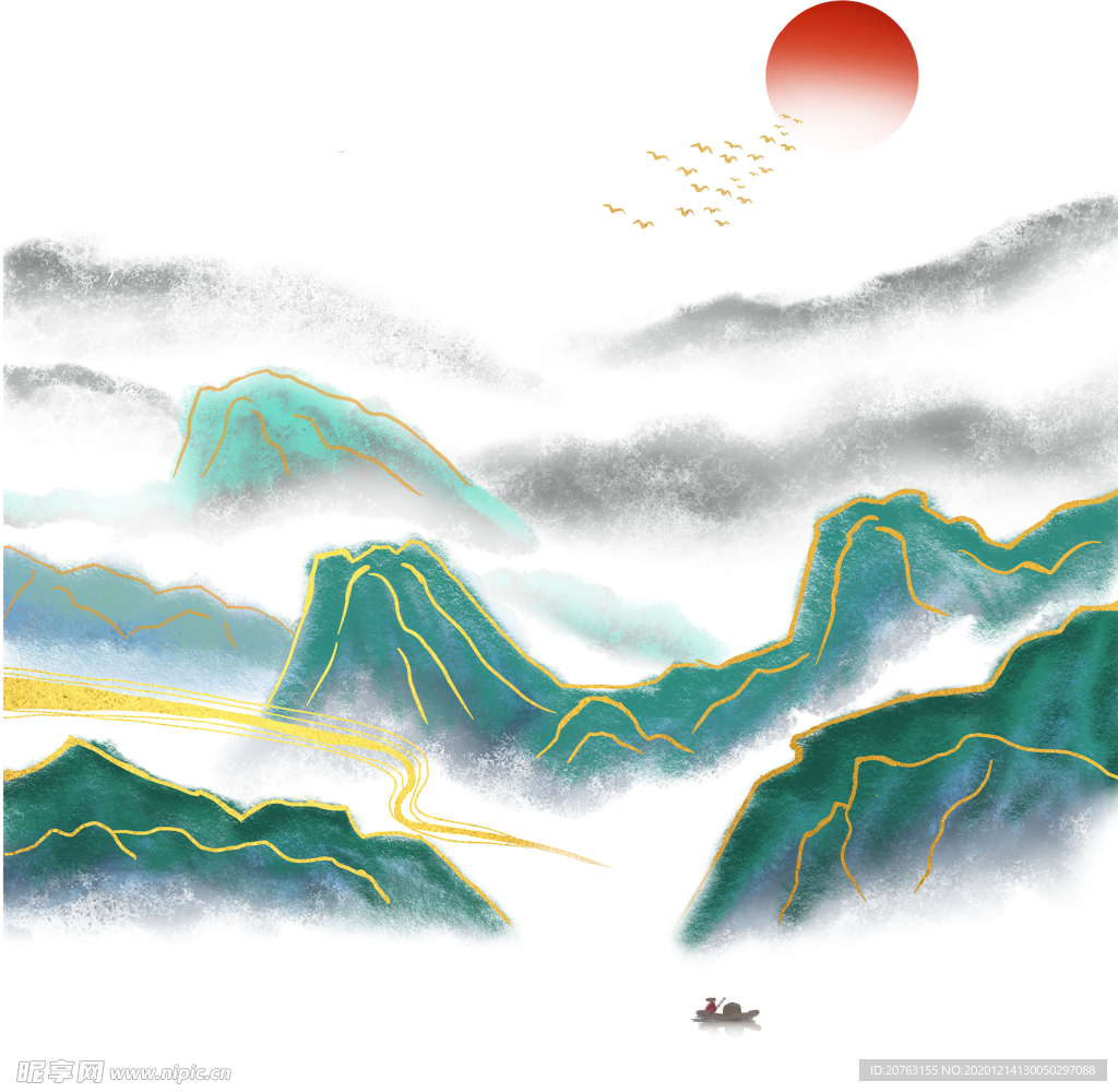 背景素材 国潮山水祥云 水墨