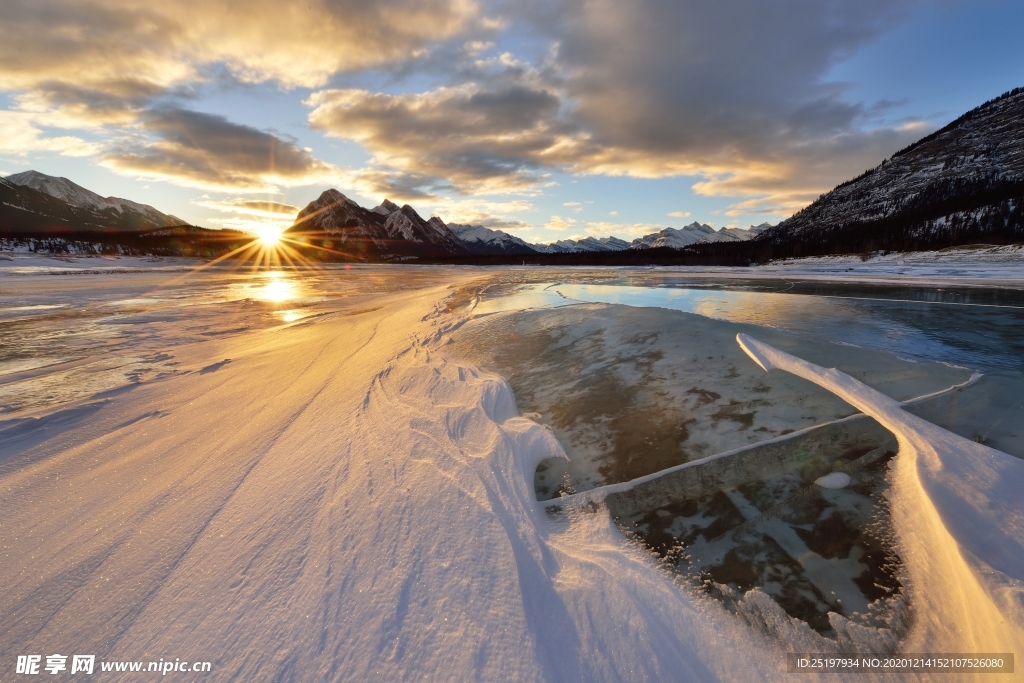 夕阳  雪景