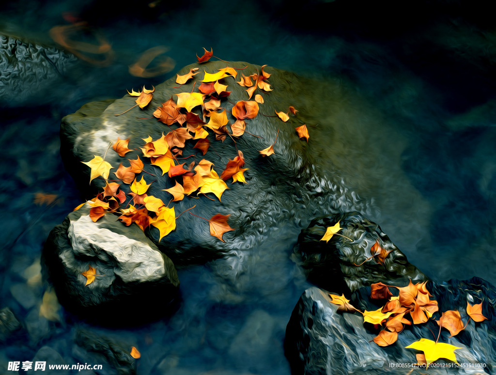 河流岩石落叶风景油画