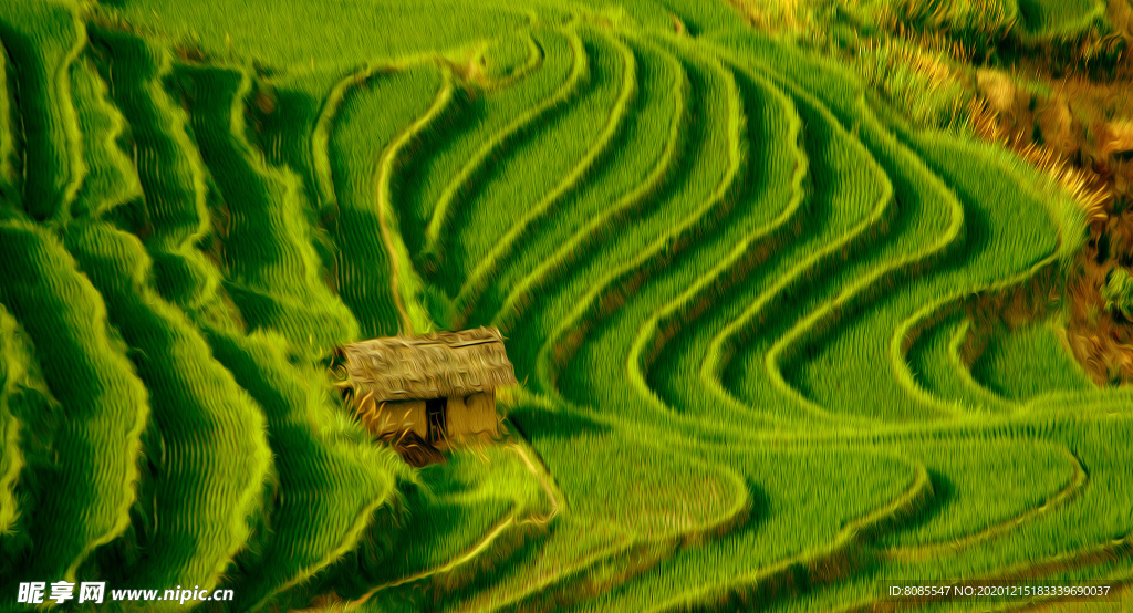 梯田小屋  风景油画