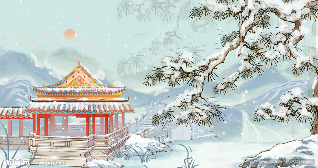 小雪冬天立冬冬至古松亭台楼阁建