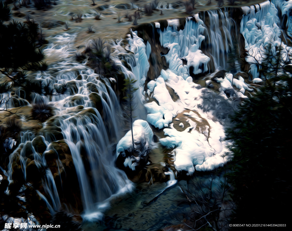 山水瀑布风景油画