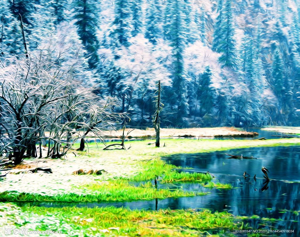 冬雪山水风景油画