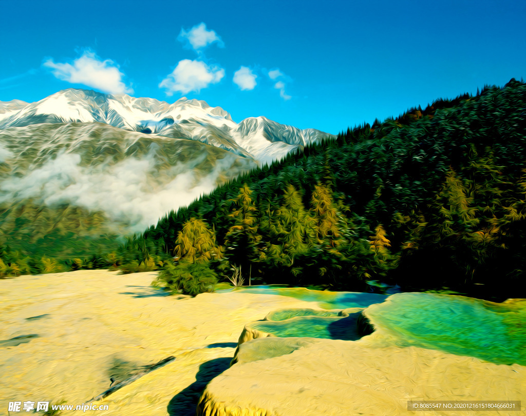 山水温泉 风景油画