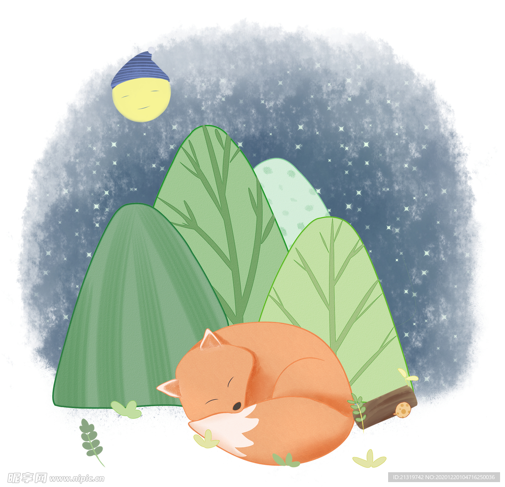 大树旁睡着的小狐狸手绘