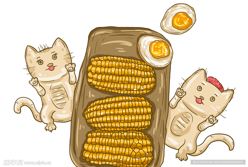 手绘可爱卡通猫玉米插画