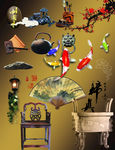 中国风素材 扇 壶 石 鲤鱼