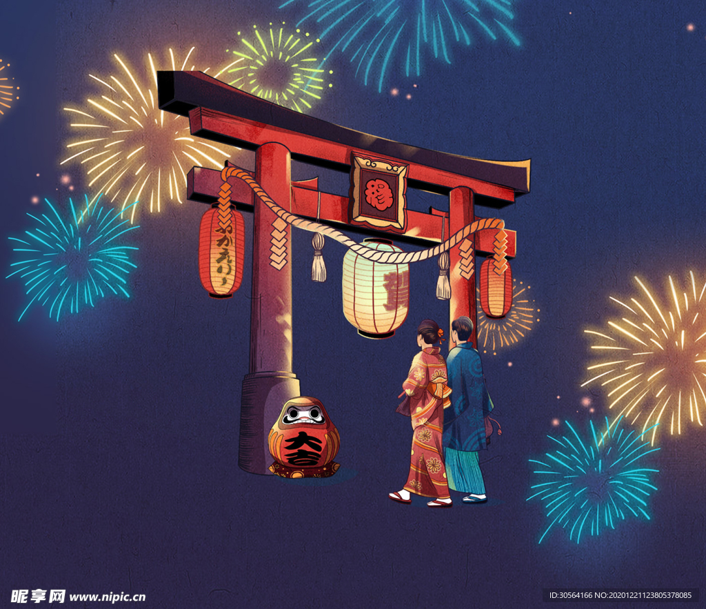 日本京都人物插画卡通背景素材