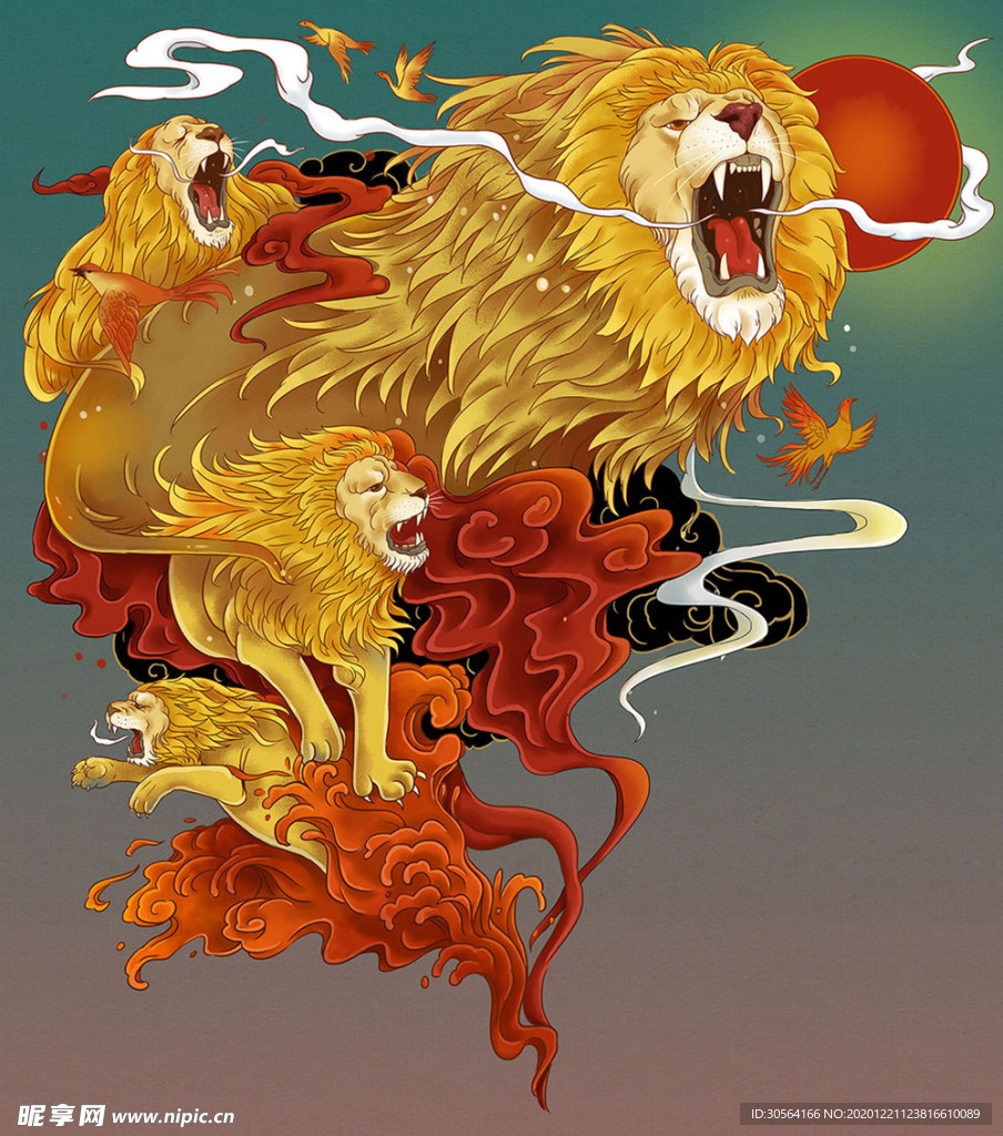 雄狮复古插画卡通背景素材