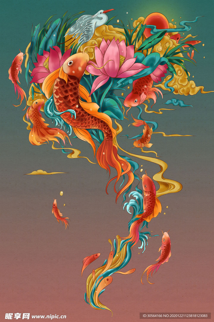 锦鲤复古插画卡通背景素材