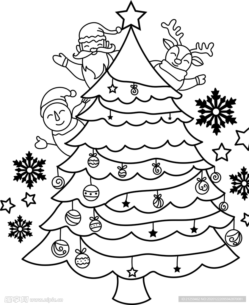圣诞树线描矢量图