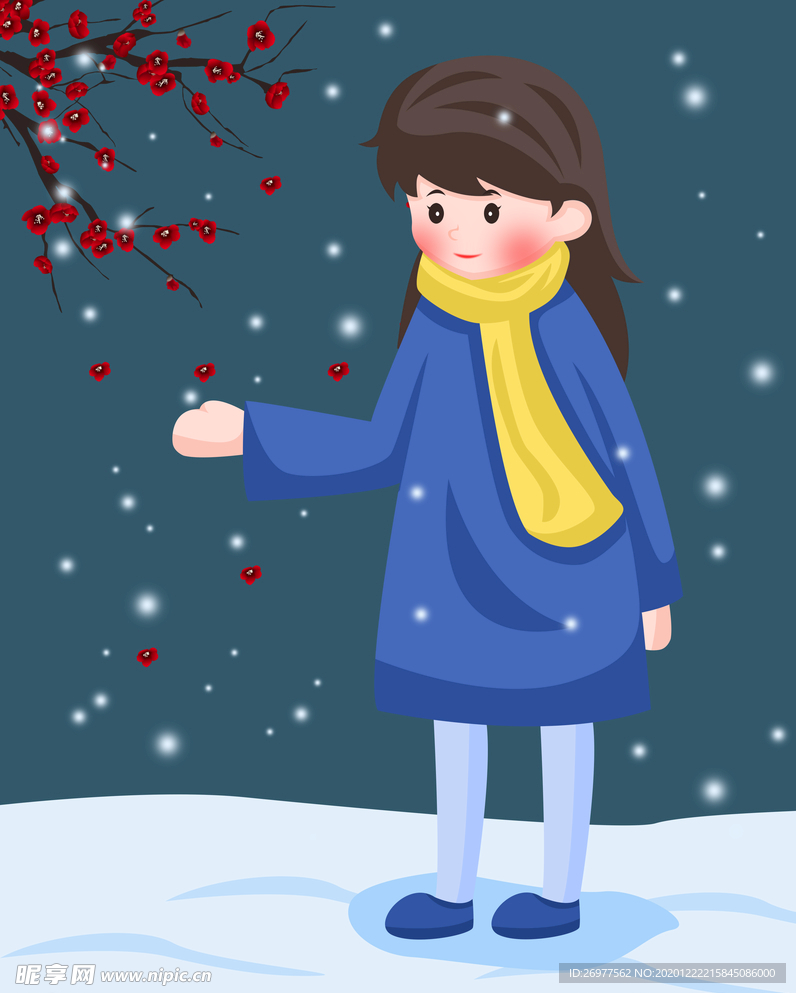 卡通女孩玩雪