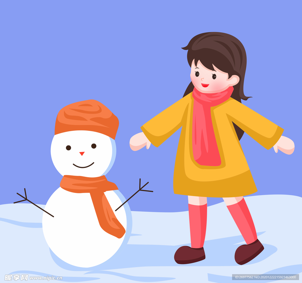 卡通女孩玩雪人