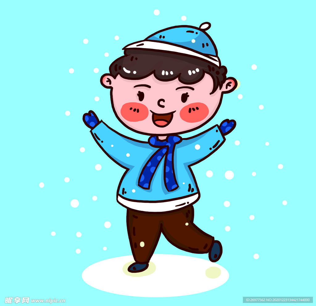 雪地里玩雪的小男孩