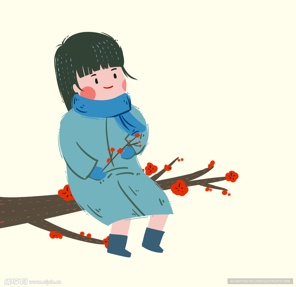 坐在梅花树上的女孩