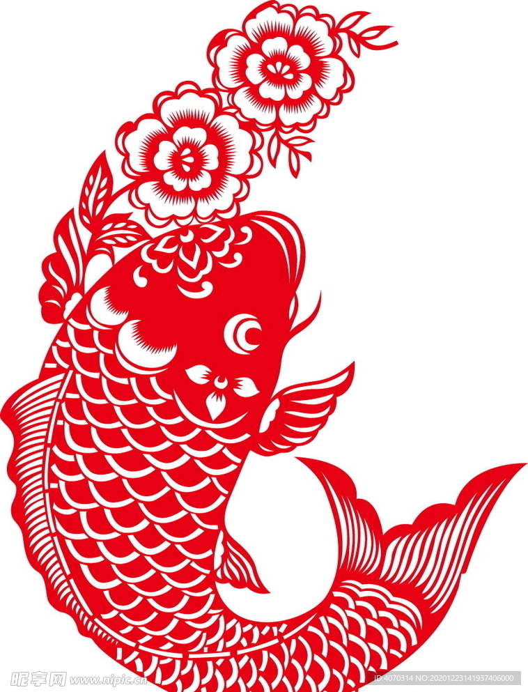 简洁中国传统红色剪纸窗花鲤鱼跃