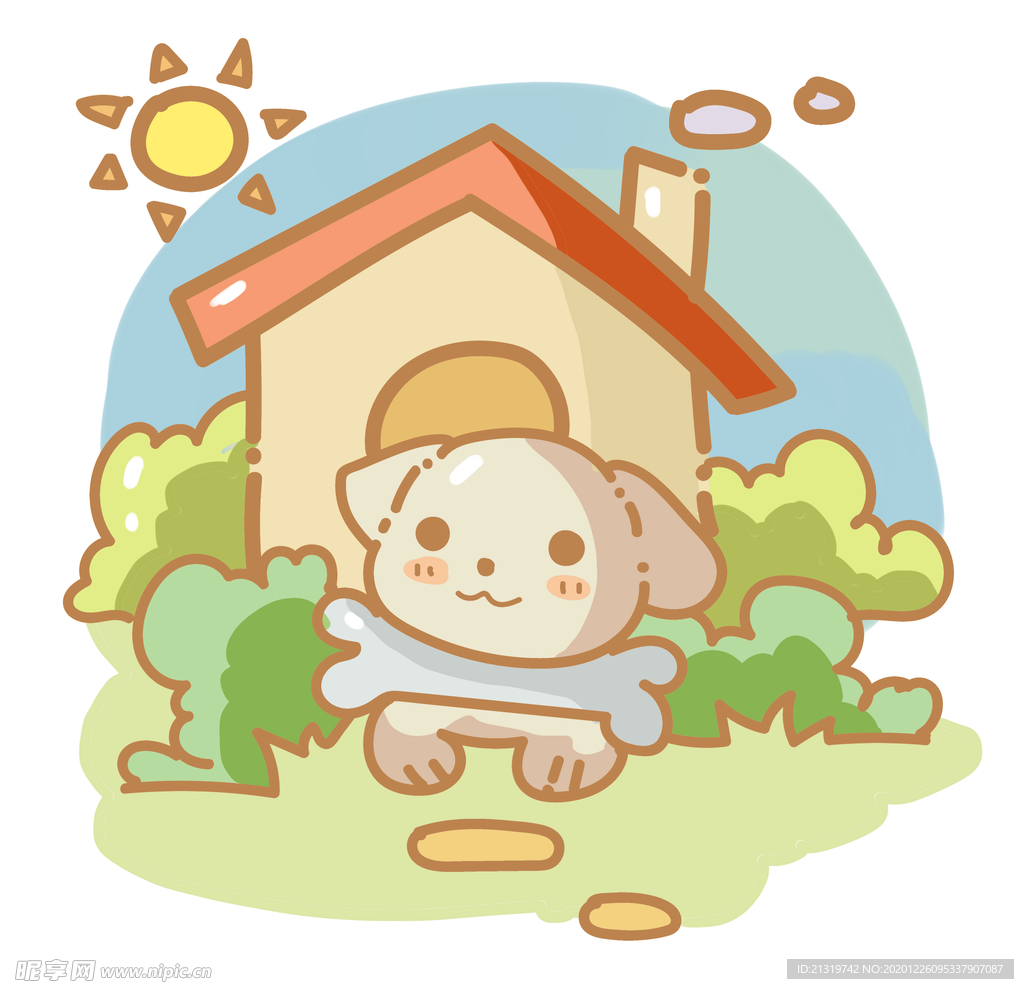 卡通手绘小狗和小狗的家插画