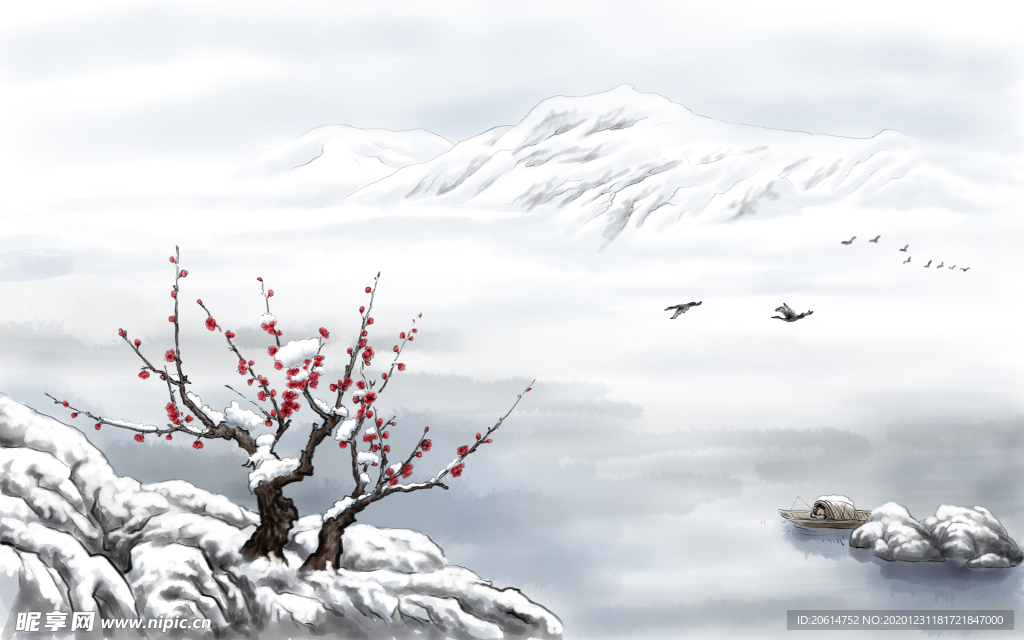 冬日里的山川美景漫画海报