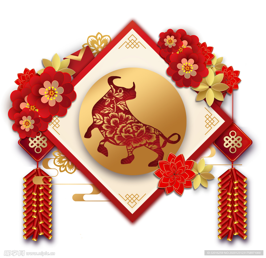 新年春节金色牛年传统喜庆繁花朵