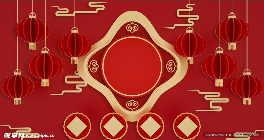 C4D中国红金色年货节背景