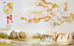 中式玉兰花山水背景墙