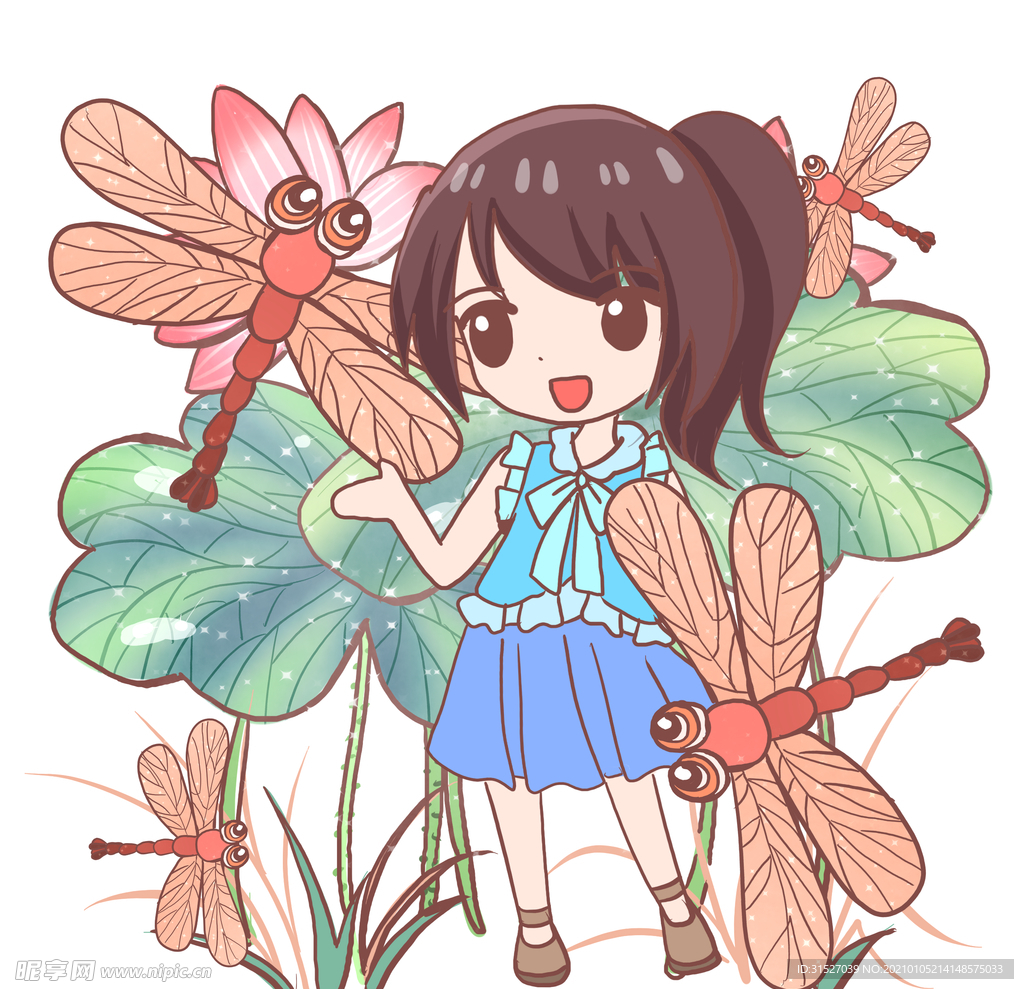 可爱的小女孩与蜻蜓插画