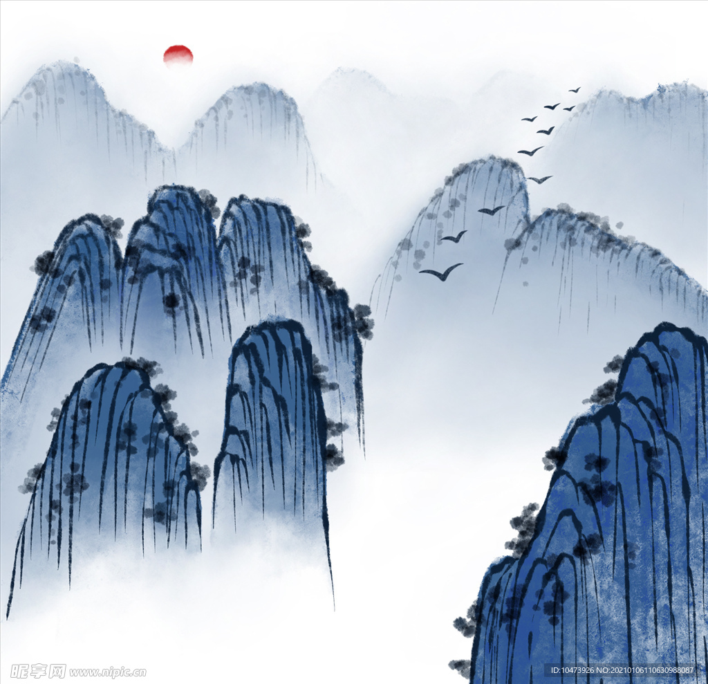 水墨山水蓝色远山