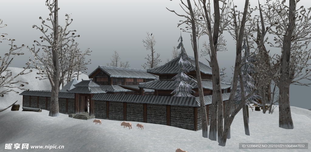 乡村农家院雪景效果图设计