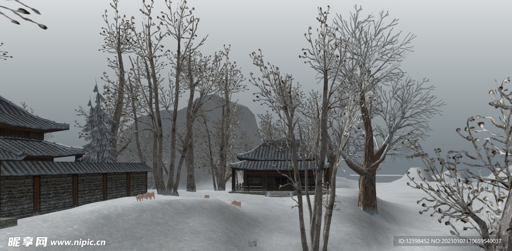 乡村农家院雪景效果图设计