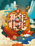 国潮手绘2021新年快乐海报