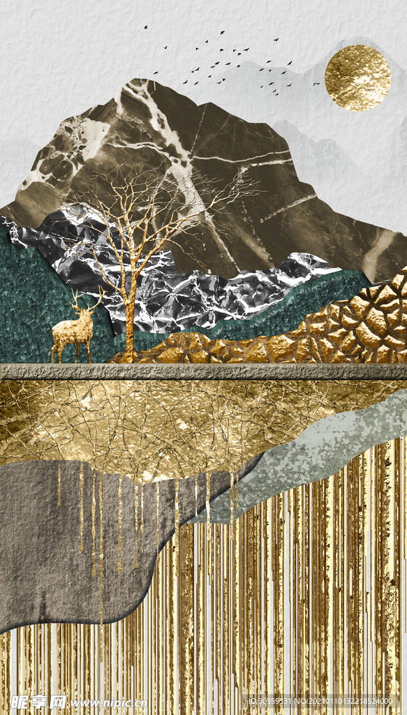 新中式抽象山峰麋鹿轻奢装饰画