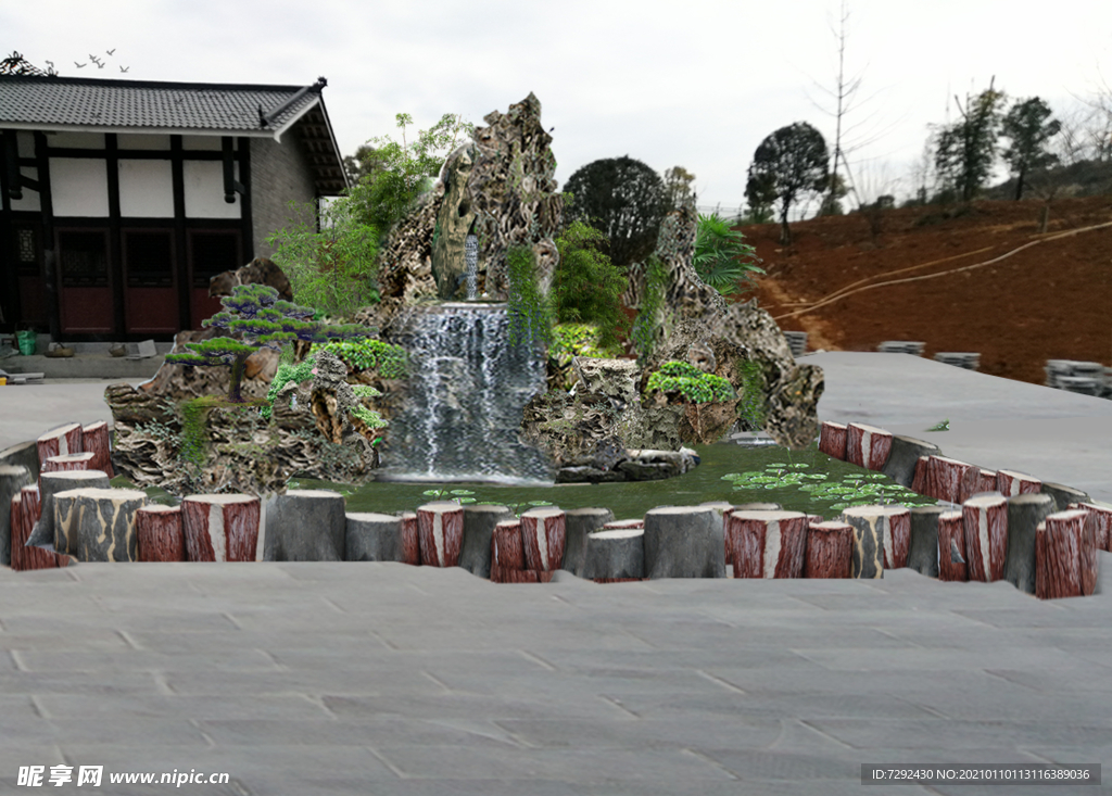 黑松龙骨石假山瀑布水池盆景竹子