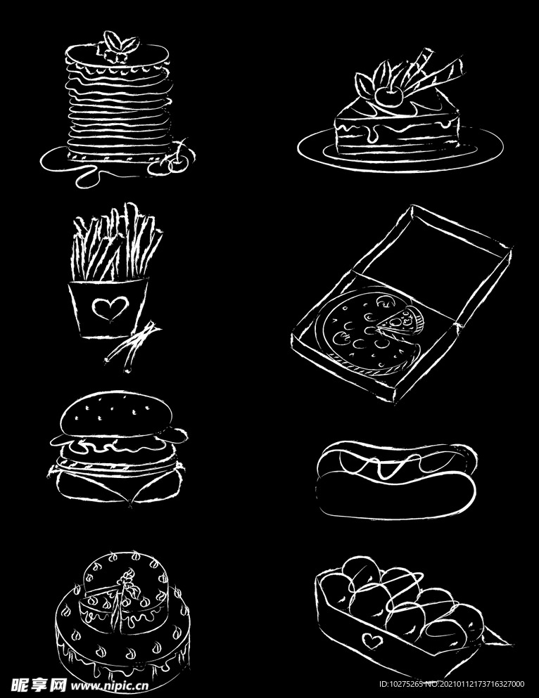 手绘矢量粉笔画食物蛋糕汉堡披萨