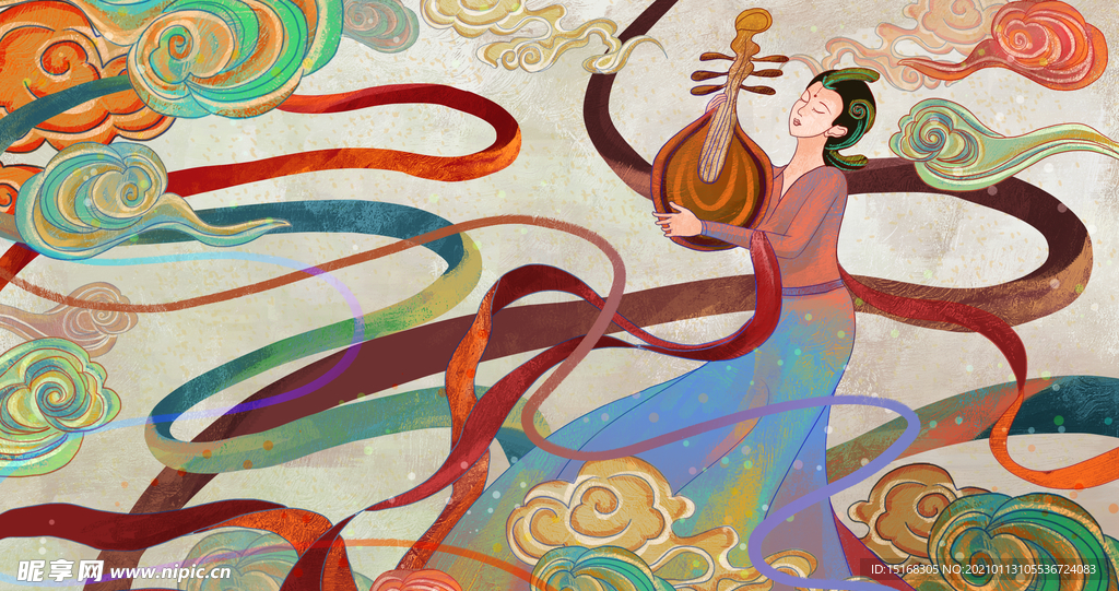 国潮祥云敦煌壁画古典人物插画背