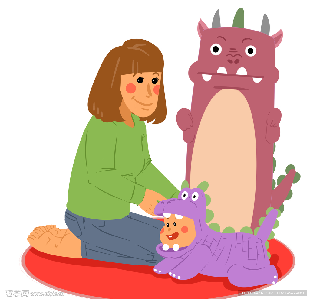 地毯上陪小孩玩耍的母亲插画