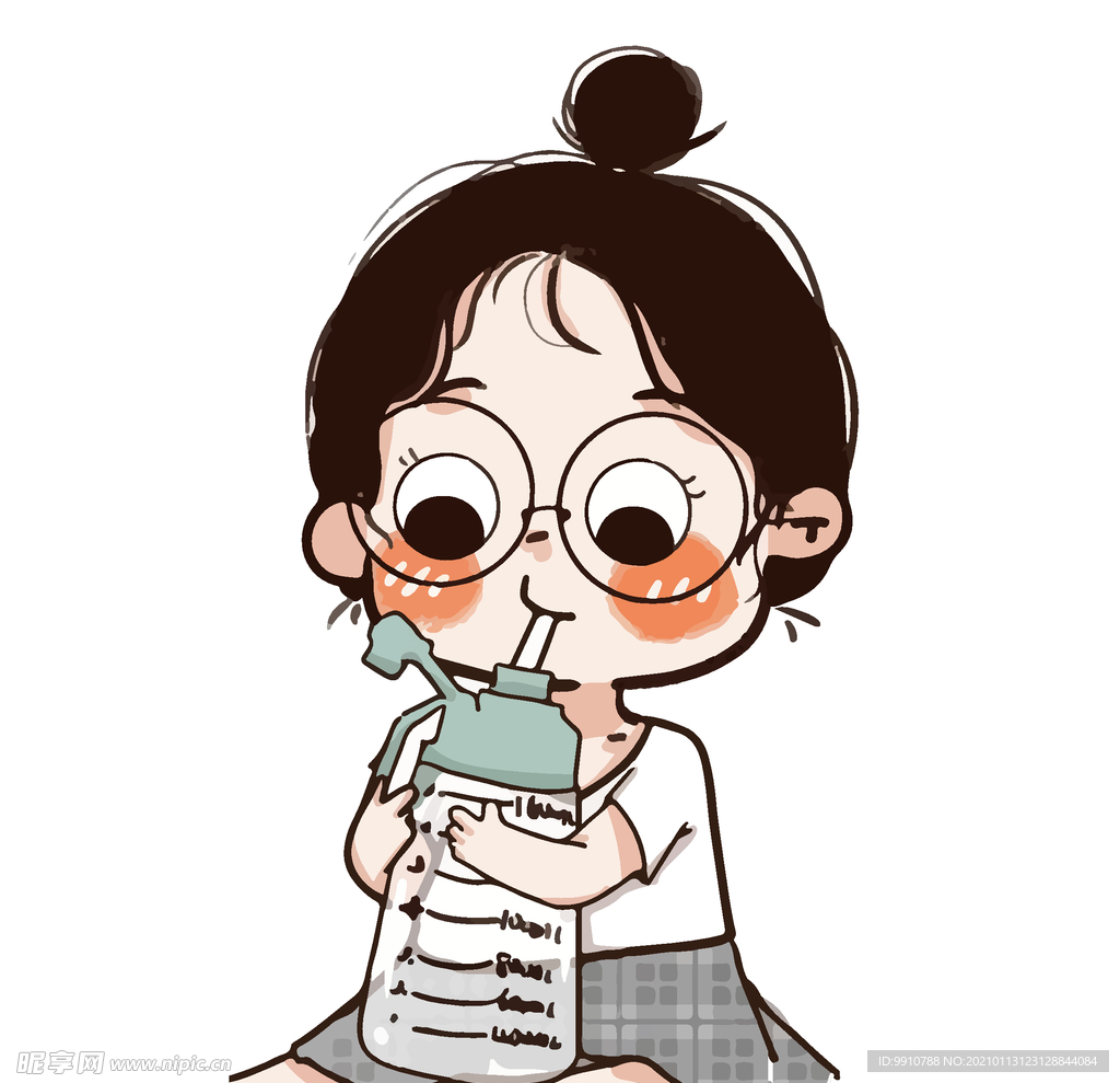 卡通喝水女孩