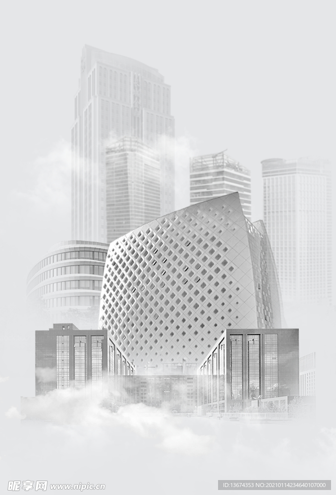 白云黑白灰建筑合成效果图