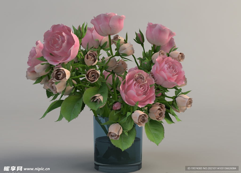 C4D模型月季花插花3D玫瑰