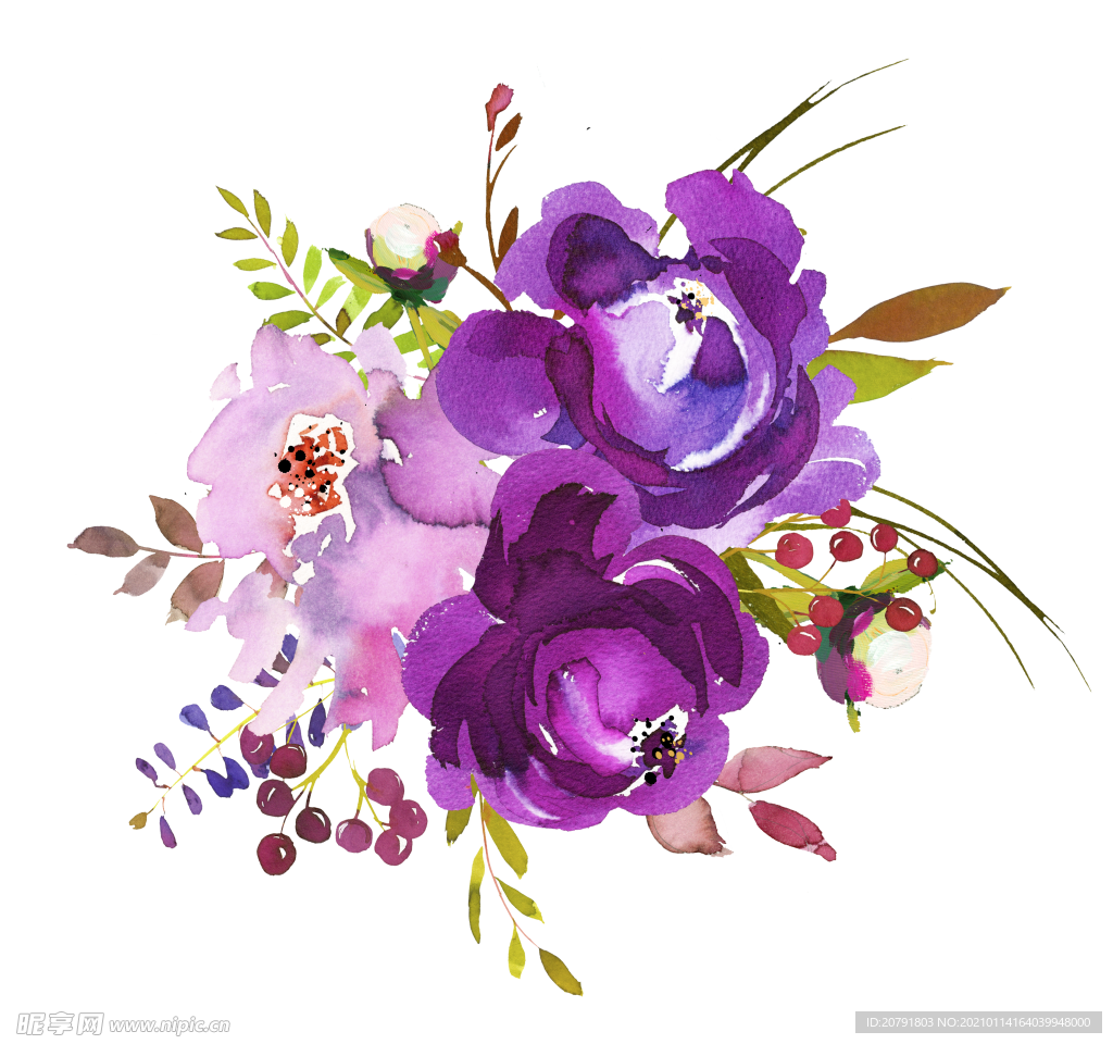 紫色鲜花花朵花卉花环水彩画