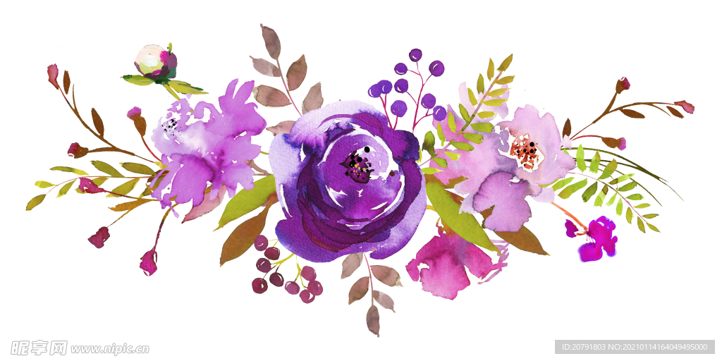 紫色鲜花花朵花卉花环水彩画