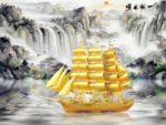 中式金色帆船水墨山水背景