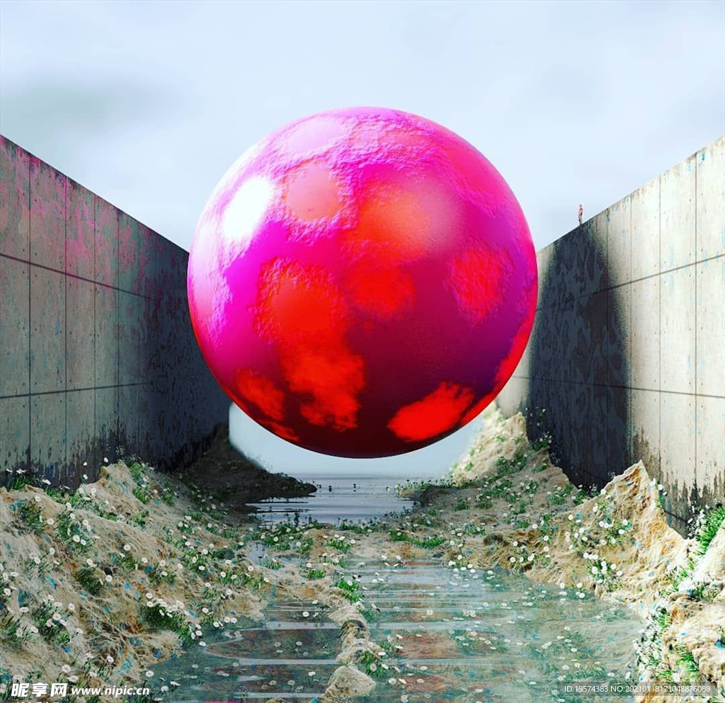 C4D模型水渠中间的红色圆球
