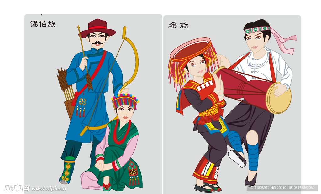 锡伯族瑶族等少数民族矢量人物